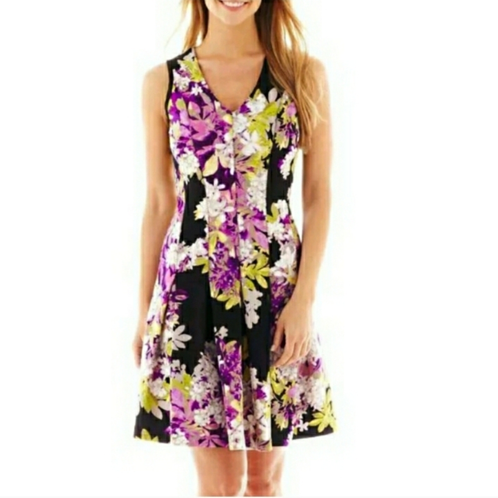 Worthington Womens Multicolor Floral Fit & Flare Sleeveless V Neck Dress, Size 4